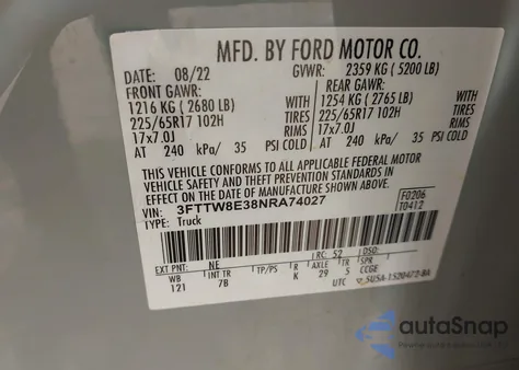 2022 Ford Maverick из США, поврежденный, VIN 3FTW8E38NRA74027